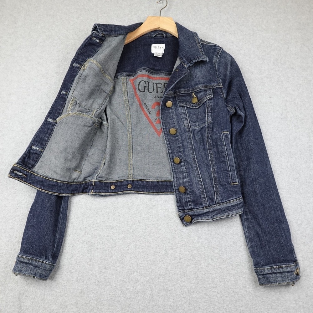 Guess Denim Jacket Womens XS Dark Wash Classic Trucker Logo Button Moto Casual